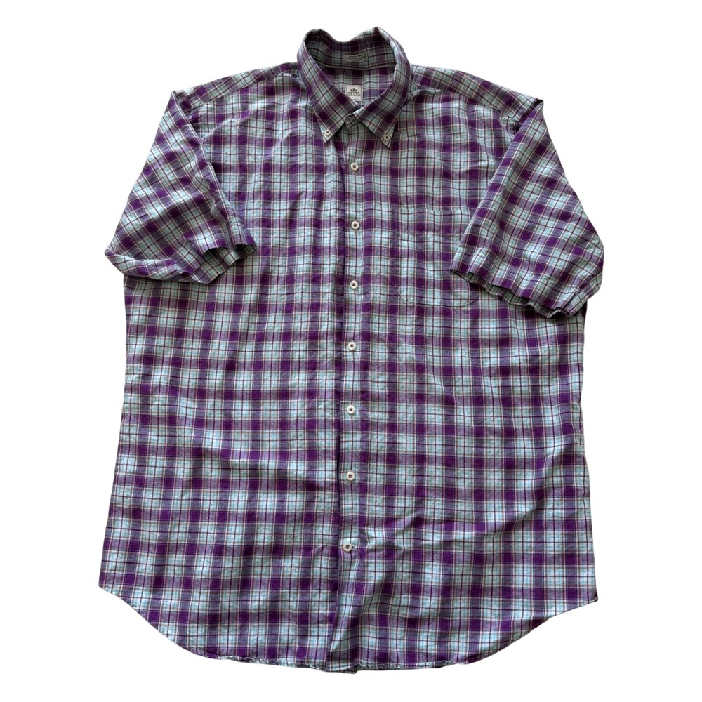 Peter Millar Mens XL Linen Cotton Plaid Short Sleeve Button Down Shirt Purple